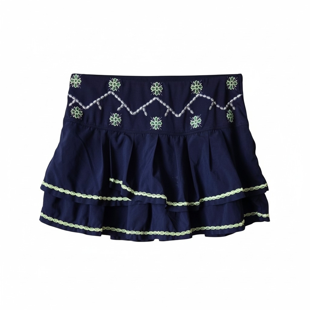 Lucky In Love Navy Blue Embroidered Pleated Tiered Athletic Mini Skirt, S XS #59 - Picture 2 of 7